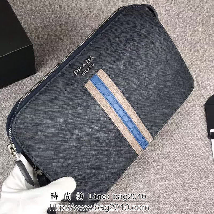 PRADA普拉達 官網同步 專櫃最新款 頂級原單十字紋牛皮 男士手包 2VF056 DD1902